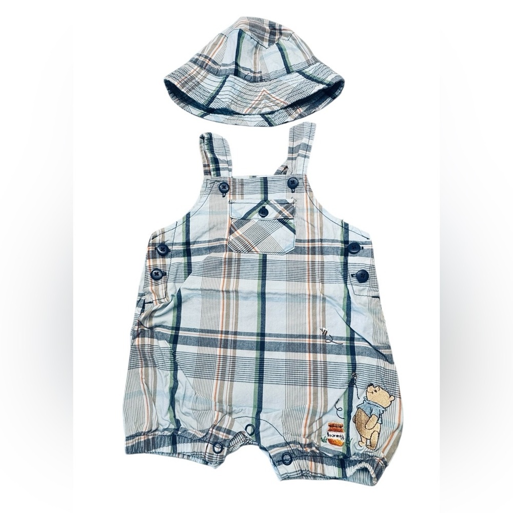 Disney Baby Winnie the Pooh Plaid Romper & Hat Set 0–3M